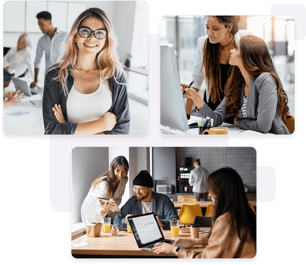 Diverse team of professional writers collaborating at a desk with a laptop